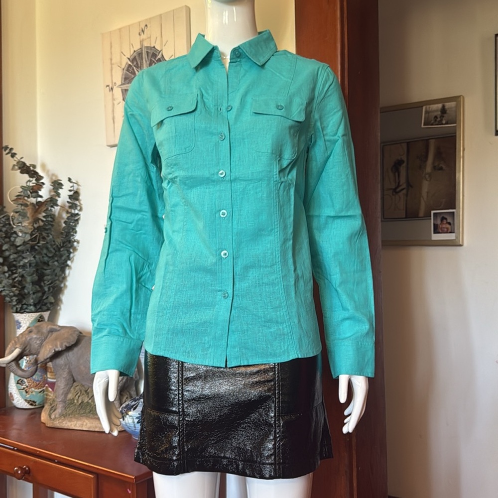 NWT northern reflections size small Turquoise Button-Up Shirt linen cotton blend